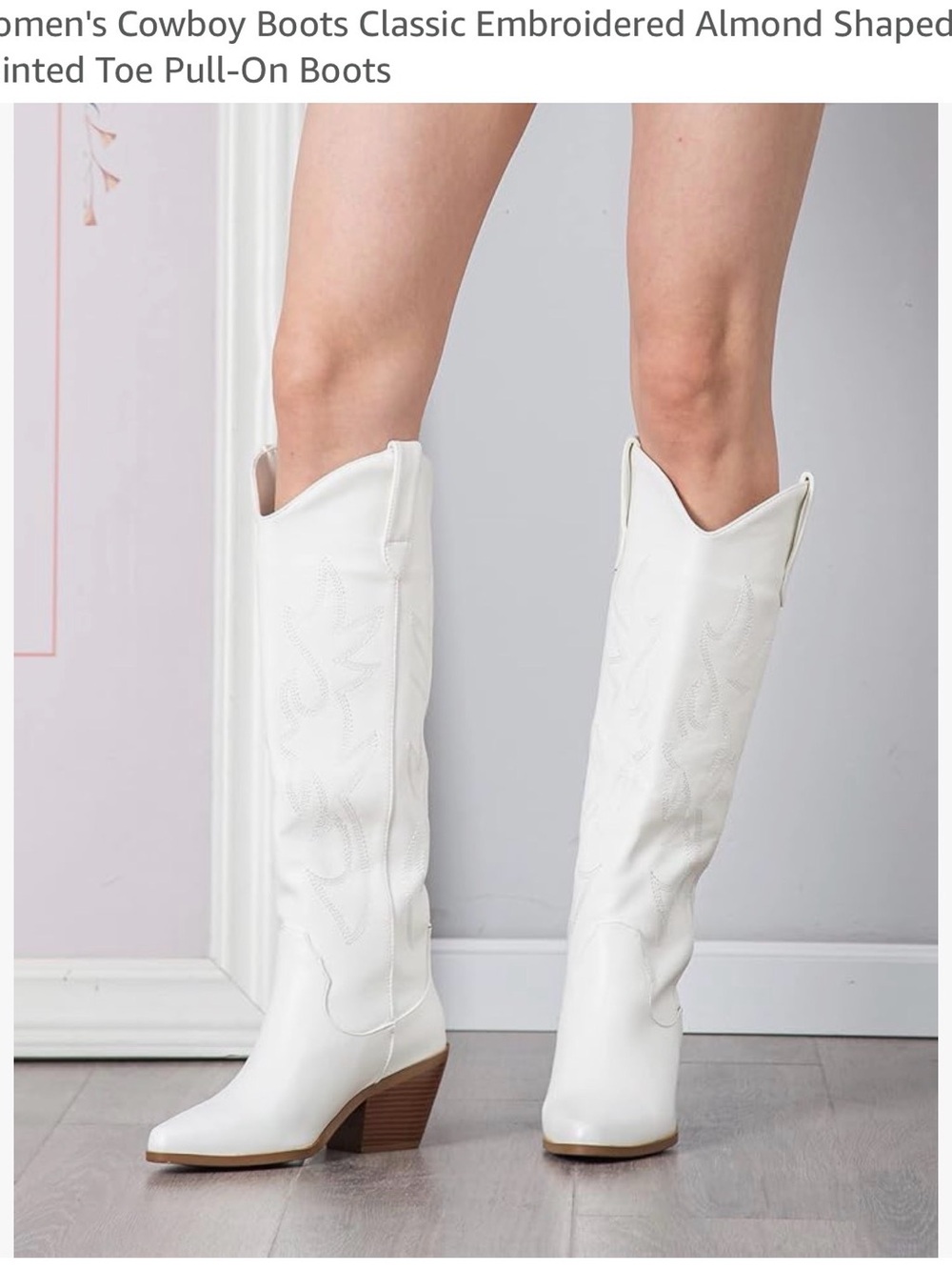 White Women's Western Knee-High Cowboy Boots - Classic Embroidered Pull-On